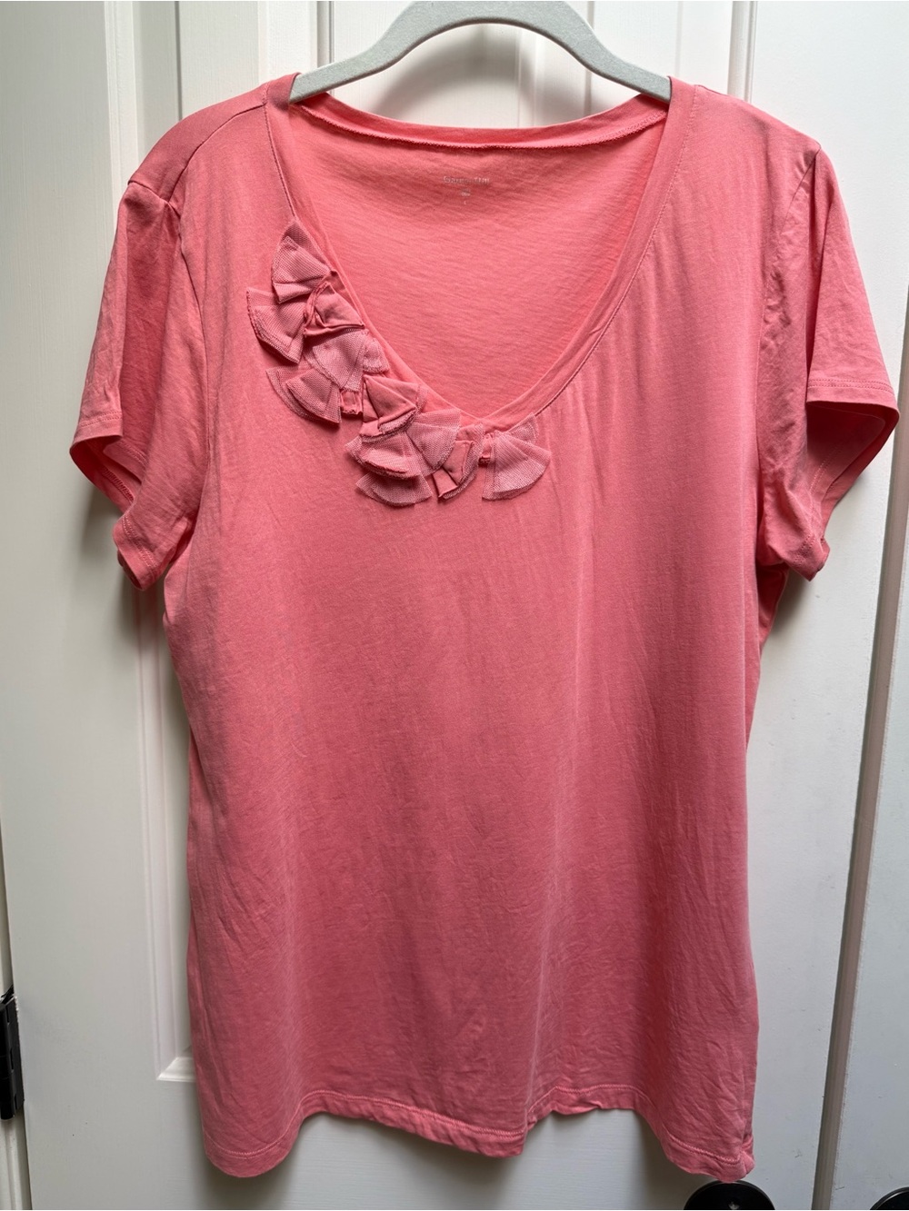 Garnet Hill Coral Pink Ruffle V-Neck Tee